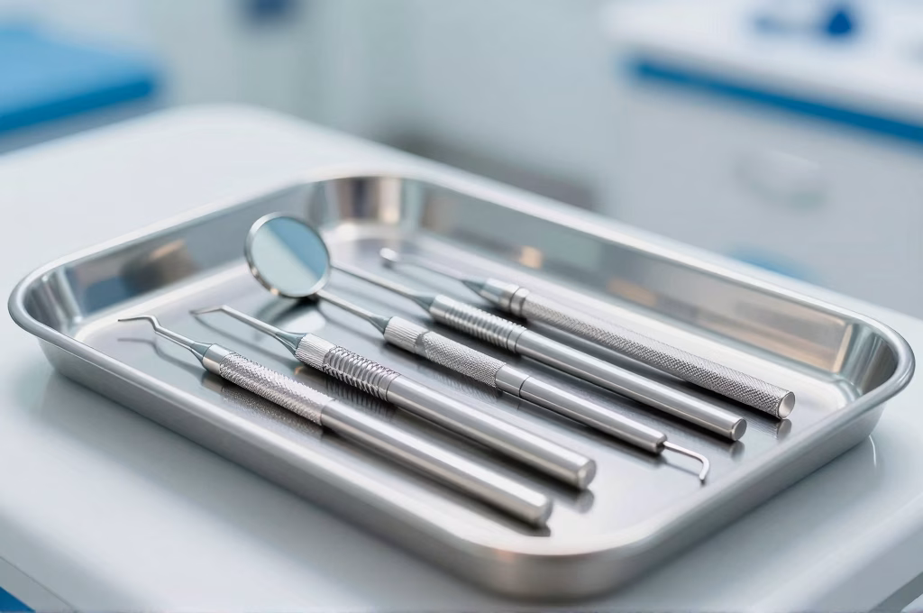 Instruments dentaires modernes sur un plateau sterile dans un cabinet de soins dentaires