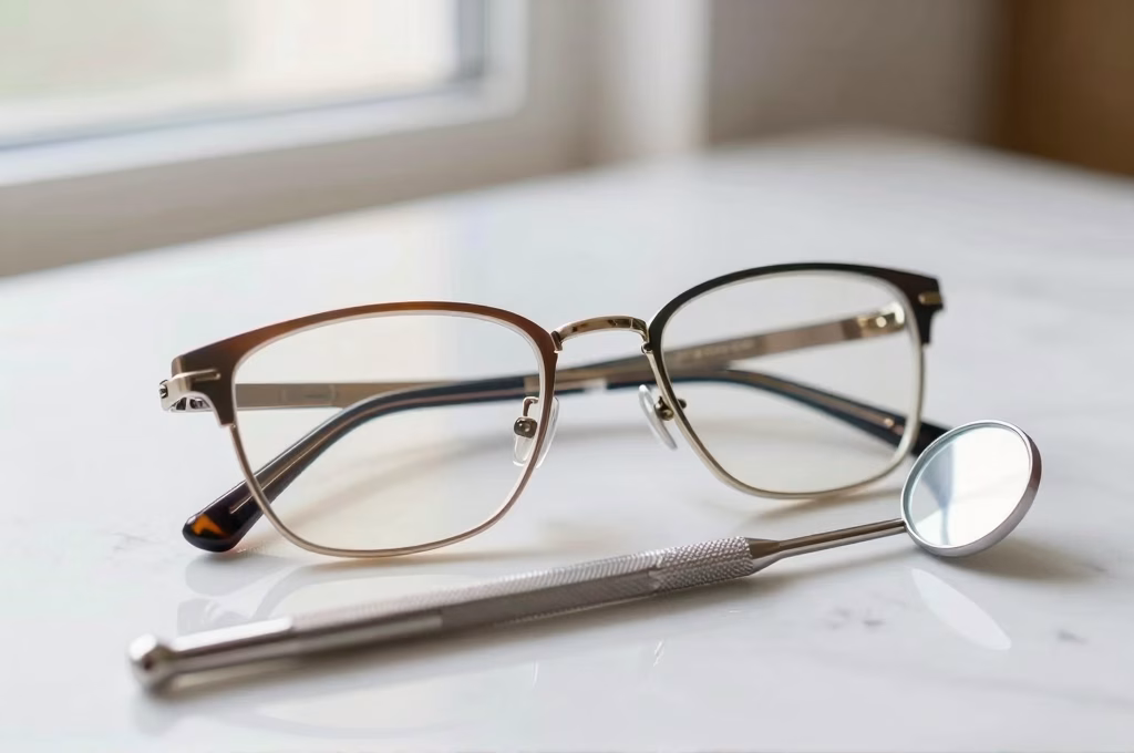 Lunettes de vue et miroir dentaire sur surface en marbre illustrant le remboursement mutuelle optique dentaire