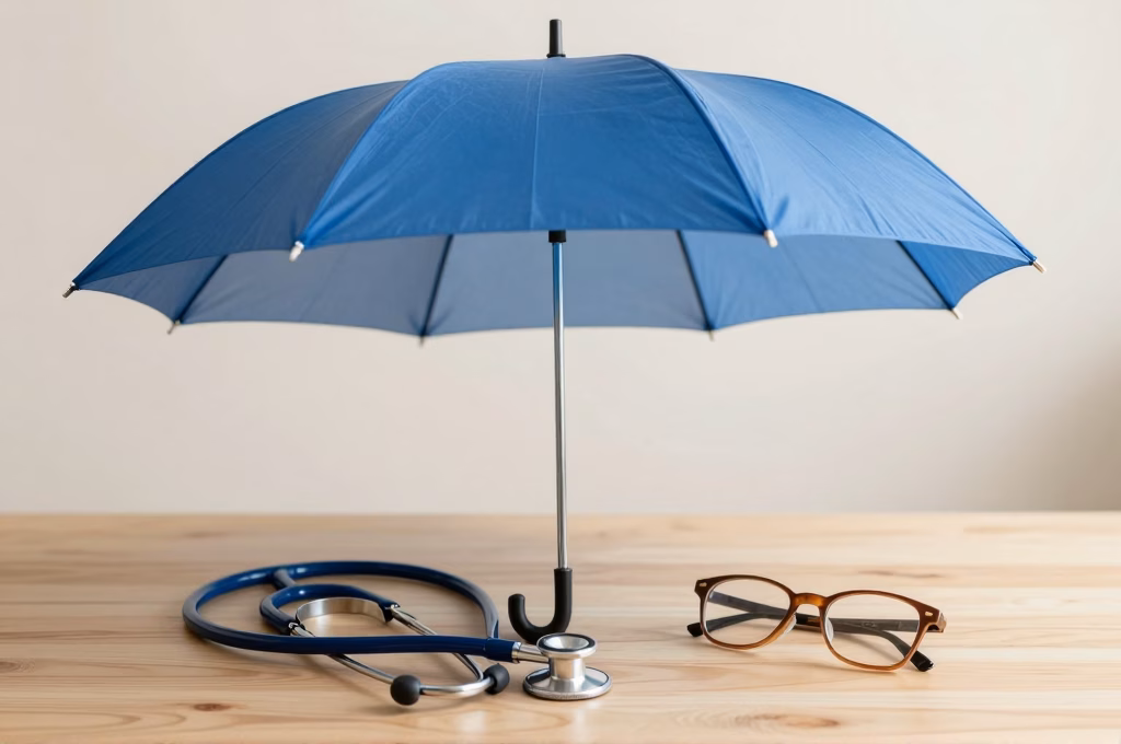 Parapluie protecteur au-dessus d'un stethoscope et de lunettes symbolisant la protection mutuelle sante
