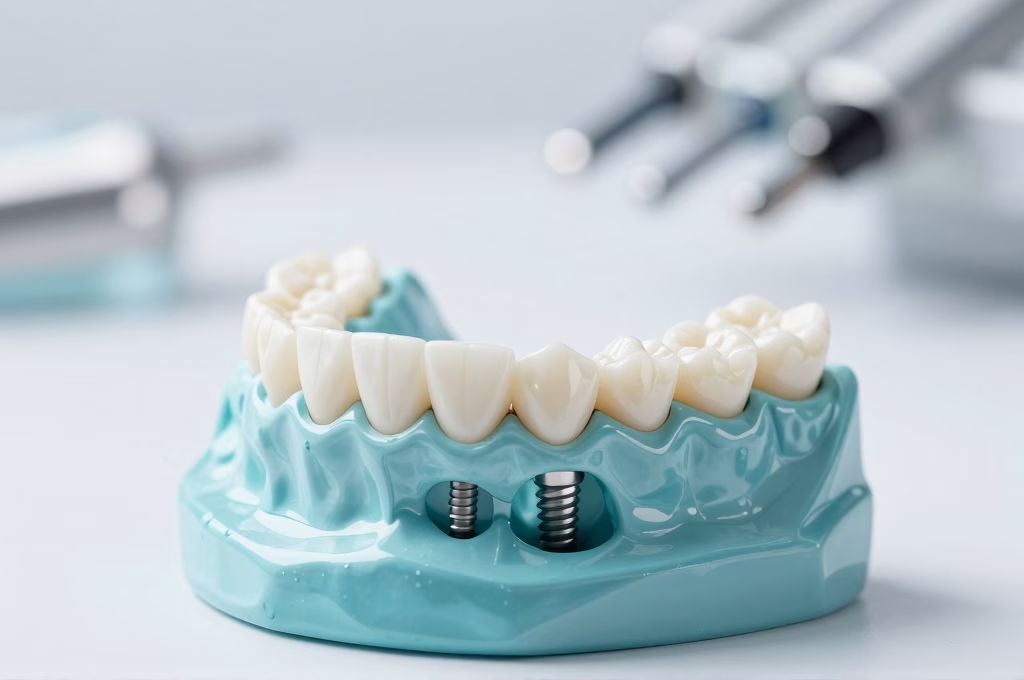 Modele dentaire avec couronnes ceramiques et implants pour illustrer les remboursements protheses dentaires