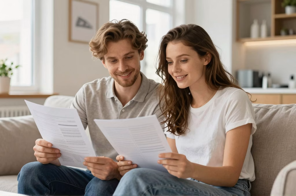 Couple serein consultant leurs documents d'&eacute;pargne assurance vie dans leur salon