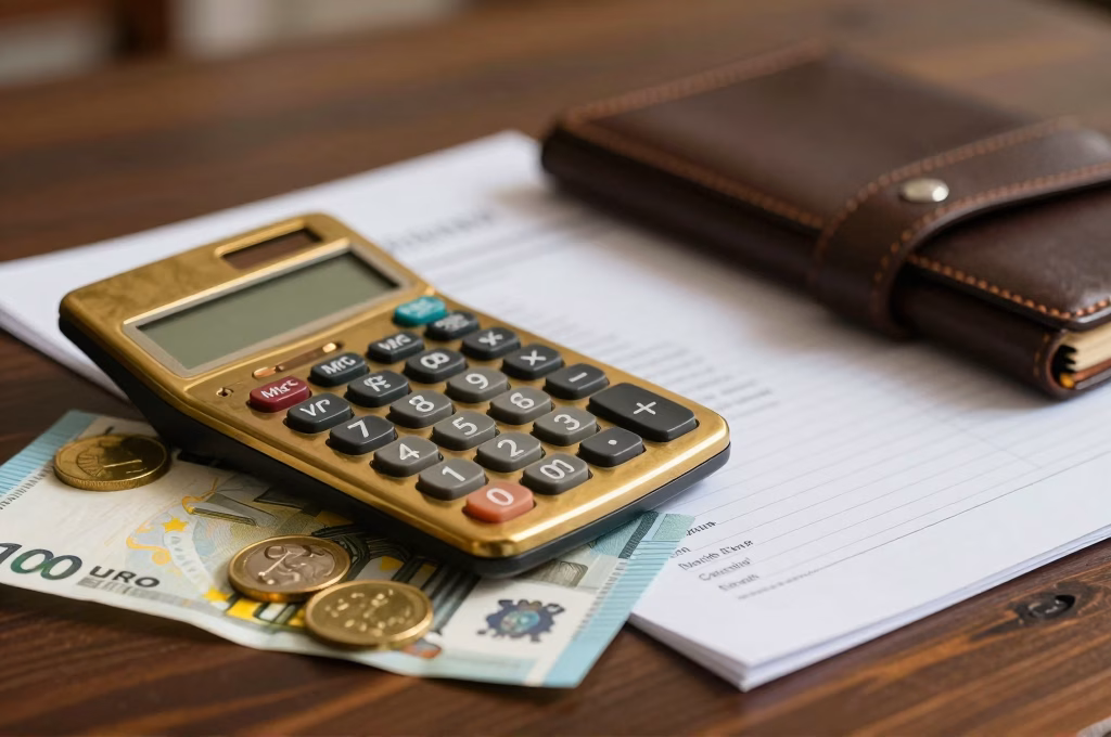 Espace de travail avec calculatrice, billets et pi&egrave;ces en euros pour la planification financi&egrave;re