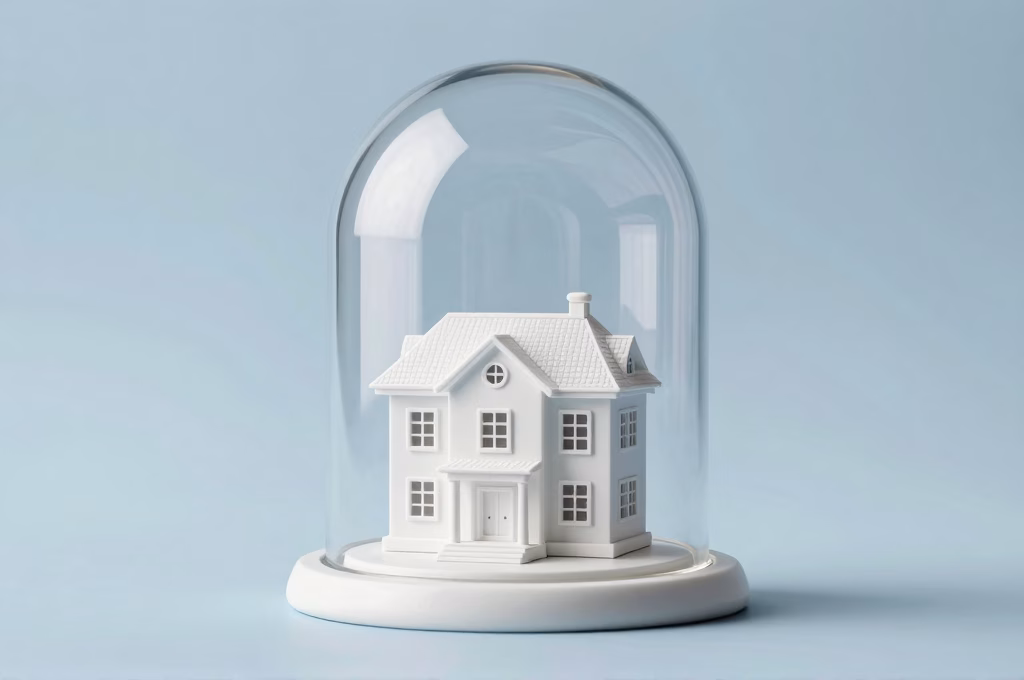 Maison miniature sous un dome protecteur illustrant la couverture d'assurance habitation