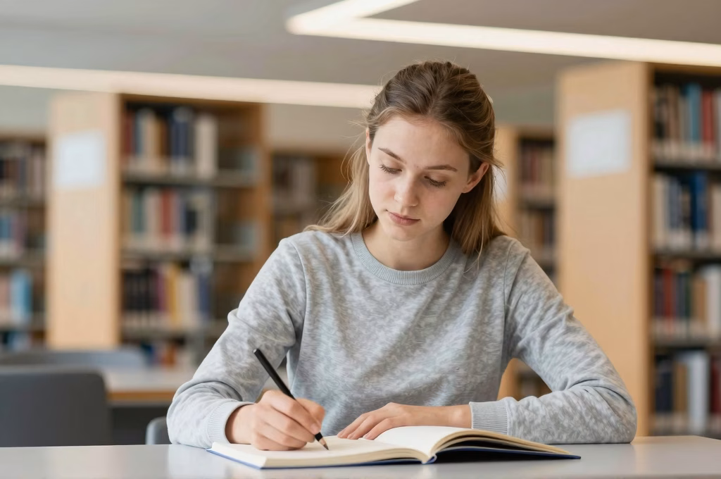 Etudiante concentree sur ses etudes dans une bibliotheque universitaire moderne