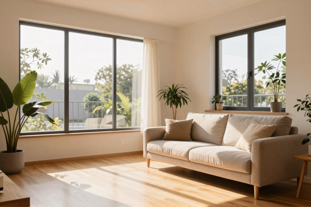 Interieur lumineux d'un appartement en location avec lumiere naturelle evoquant la protection du logement