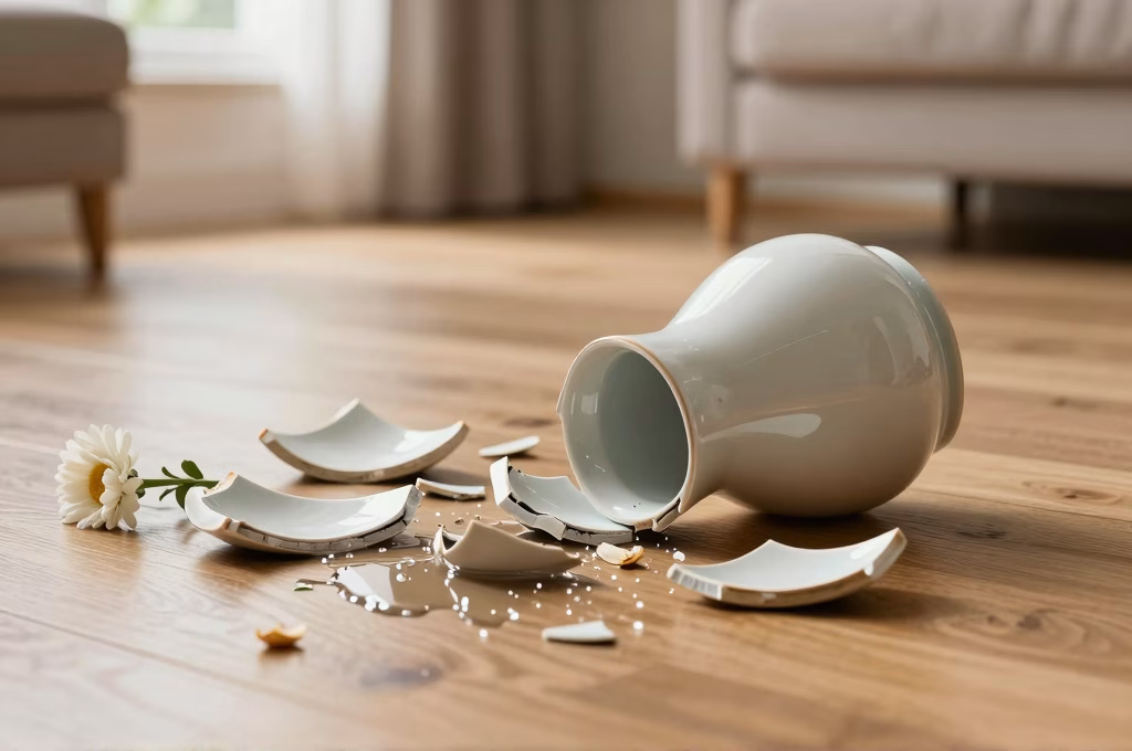 Vase brisé illustrant un dommage accidentel couvert par la RC vie privée