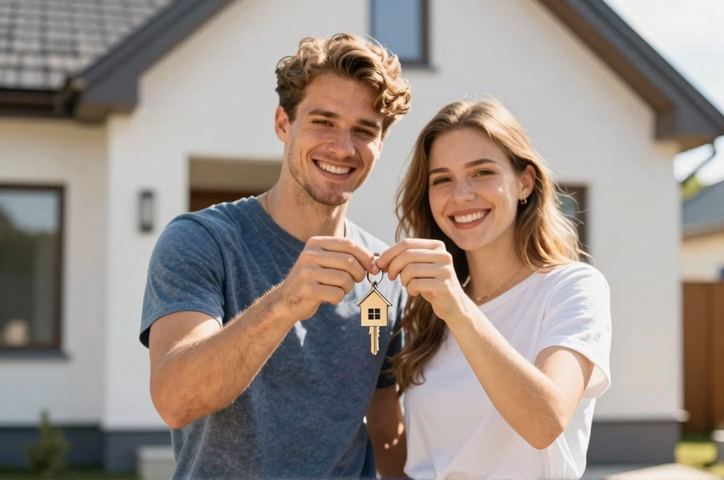 Couple heureux devant leur nouvelle maison avec les cles du pret immobilier