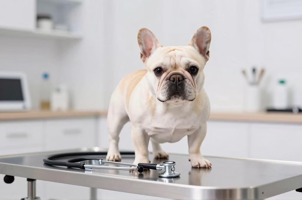 Bouledogue francais examine sur une table de veterinaire dans une clinique lumineuse