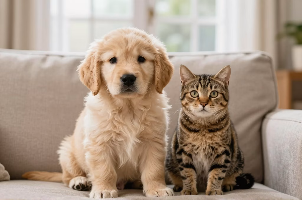 Chiot golden retriever et chat tigre assis ensemble sur un canape dans un interieur chaleureux