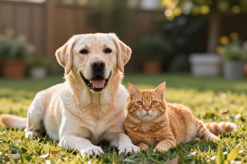 Labrador retriever et chat roux se reposant ensemble dans un jardin ensoleille
